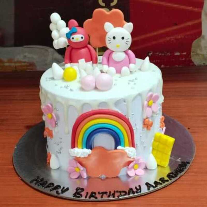 Hello Kitty Rainbow Theme Semi Fondant Cake - Delivery in Noida, East Delhi, and South East Delhi